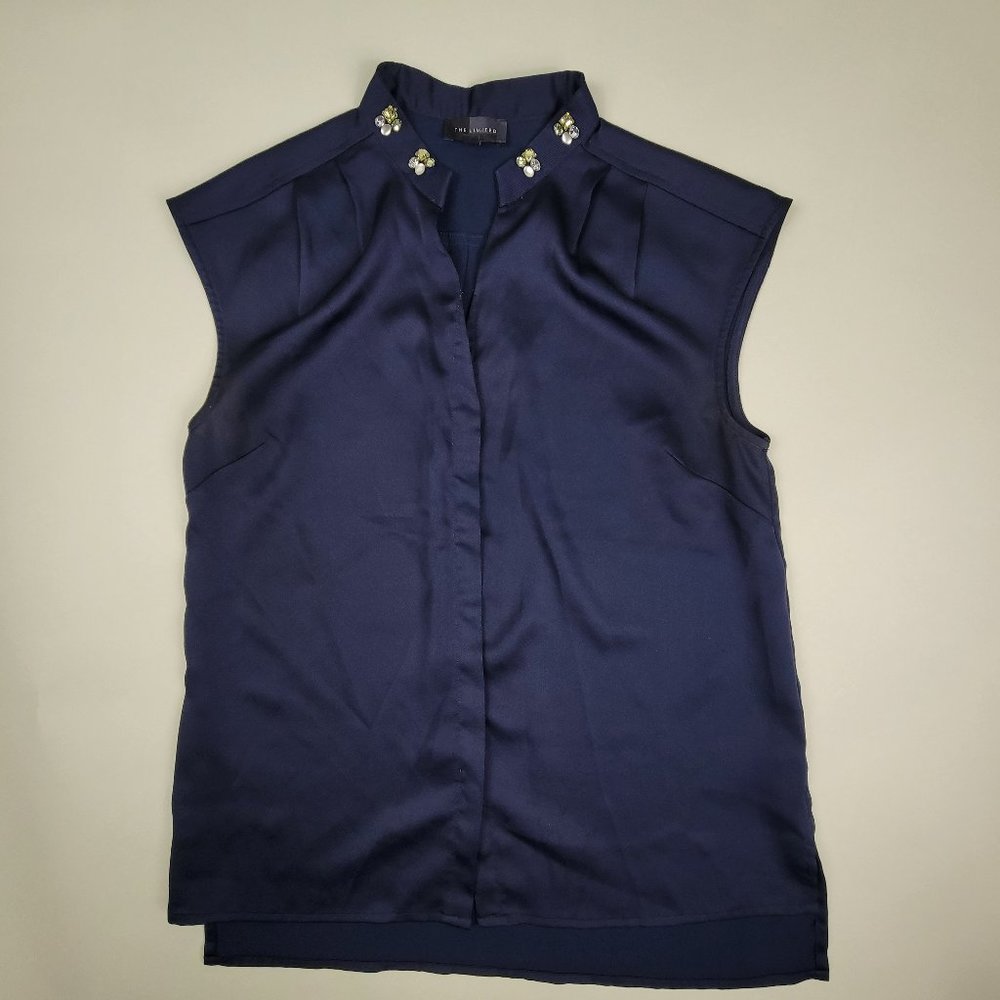 THE LIMITED Navy Silky Sleeveless Blouse with Gemstone Neckline - Size XS